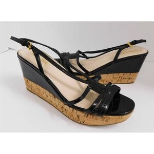 Prada Black Patent‎ Leather Strappy Cork Platform Slingback Wedges Italy 38